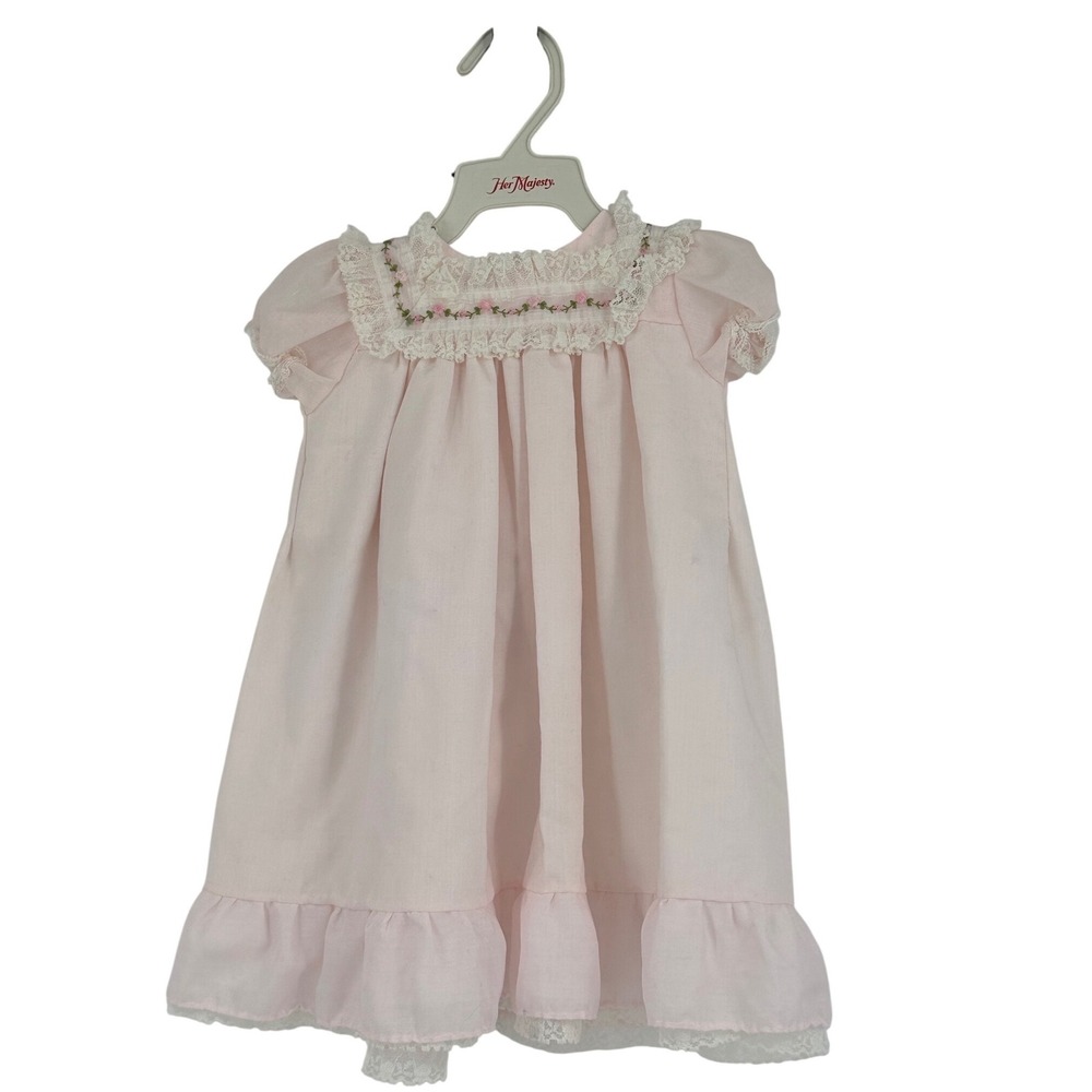 VTG Alexia Baby Girl Pink Lace Floral‎ Embroidered Dress and hanger 6-10 lbs USA